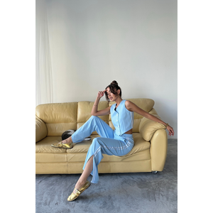 Conjunto de pantalones y chaleco corto azul con rayas laterales y detalle de abertura en el bajo para mujer, talla S - Product Image 2