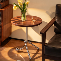 Table basse ronde antique en bois de chêne massif avec structure en acier inoxydable, petite table d'appoint pour salon, café, balcon