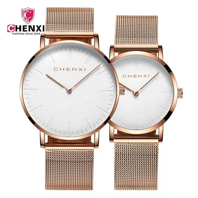 Chenxi 076 jam tangan kekasih Fashion merek jam tangan gaun wanita jam tangan kuarsa pria kasual tali jaring pasangan Ultra tipis jam