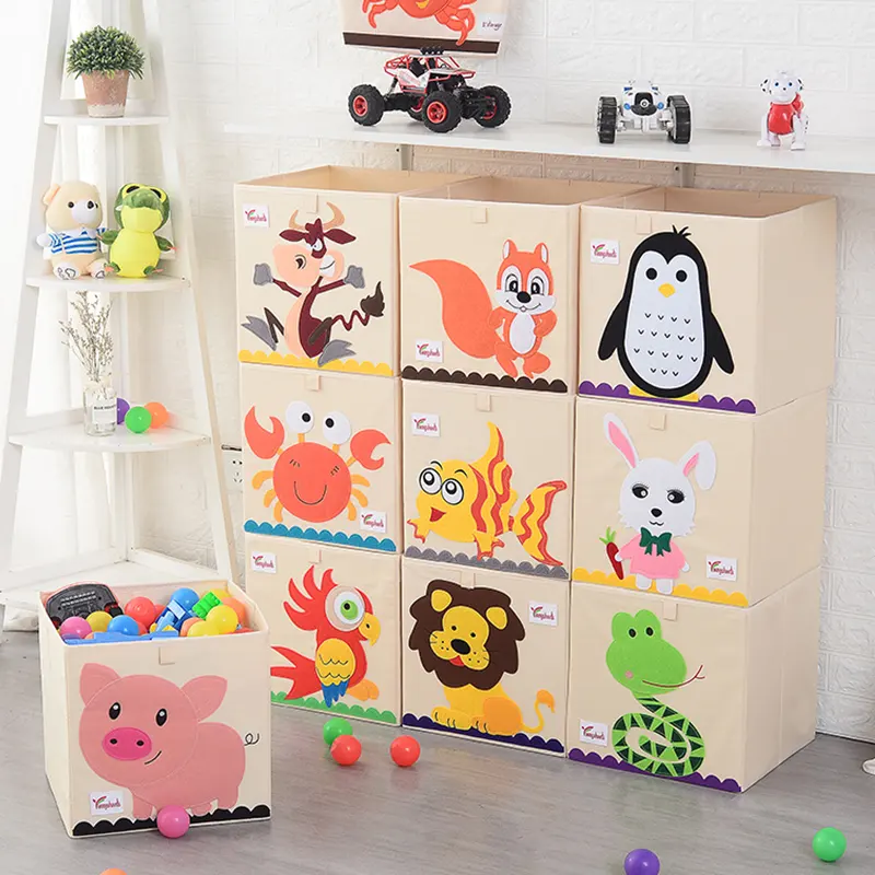 Amazon Hot Style Cute Kids Toys Baby Clothes Folding Storage Box Foldable Fabric Kids Toy Storage Box with Animal Embroidery