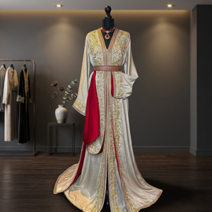 Elegant Gold Embroidered Floral Vintage Handmade Breathable Polyester <b>Abaya</b> Red Trim Floor Length High Neck Long Sleeve Wedding - Product Image 3