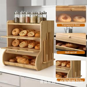 Wooden Bread Box With Lid Rectangle Shape Solid Color Magnetic Lock For <b>Kitchen</b> Storage - Product Image 3