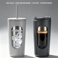 Mug isotherme 16/20/24 oz avec paille et couvercle rabattable, tasse de voyage en acier inoxydable de style moderne pour boissons chaudes et froides