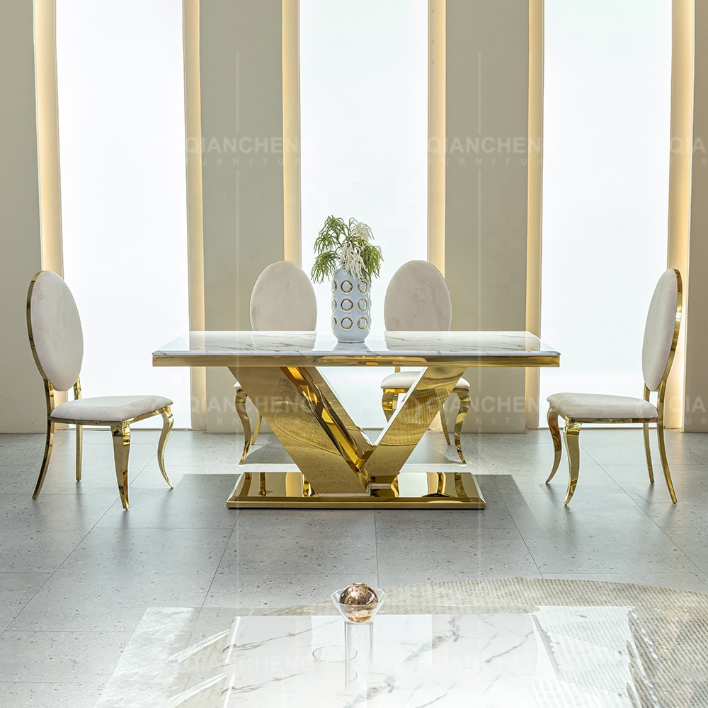 Foshan furniture dining room table 8 Seater set modern design stainless steel metal leg marble dining tables