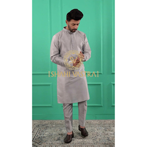 <b>Men</b> Silver-Grey Solid Dupion Silk Straight <b>Kurta</b> with Pajamas Traditional Ethnic Wear for Festive Occasions and Celebrations - Product Image 1