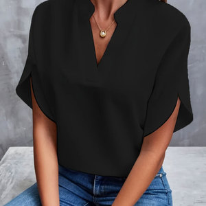 Kaos Wanita Desain Baru V-neck Polos Kasual Lengan Pendek Blus Serbaguna untuk Wanita - Product Image 4