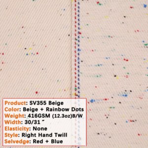 12.3oz Beige Selvedge Denim with Rainbow Dots 100% Cotton Raw Denim <strong>Fabric</strong> for Jean Twill Style Medium <strong>Weight</strong> Woven Denim <strong>Fabric</strong> - Product Image 2
