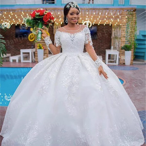 White Organza Ball Gown Wedding Dress O-Neck Princess Waistline Vintage Lace Up Bride Dress - Product Image 1