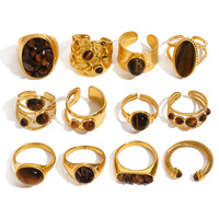 Cincin Trendy Baja Anti Karat Lapis Emas Hipoalergenik Batu Alam Mata Harimau Perhiasan Trendy Retro Boho Cincin Dapat Ditumpuk