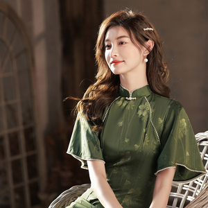 Été cheongsam fille tempérament jeune chinois traditionnel rétro <span class=keywords><strong>qipao</strong></span> vert soirée élégante robe femmes dames usine - Product Image 5