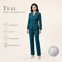 Ensemble de costume pour femme JINYUAN, vert sarcelle, jacquard, perles, veste sans col à manches longues, tenue de bureau, vente en gros OEM ODM