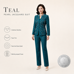 JINYUAN Women Teal Jacquard Pearl Beaded <strong>Suit</strong> Set Collarless Long Sleeve Jacket Office Business Wear Wholesale OEM ODM - Product Image 1