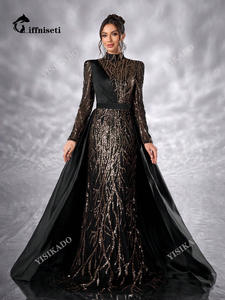 Elegante Abito da Sera di Lusso con Paillettes e Raso, Collo Alto, Maniche Lunghe e Mantella per Donne - Vestito da Cerimonia - Product Image 6