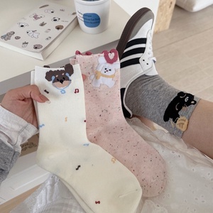 Chaussettes d'été pour femmes, style japonais mignon, motif petit ours, en coton absorbant la transpiration, mi-mollet, décontractées, oreilles tridimensionnelles - Product Image 1