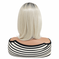 Perruque Bob Courte Droite Synthétique Sans Colle Blond Platine Racines Foncées Ombrées Raie Latérale Effet Superposé Naturel pour Femme