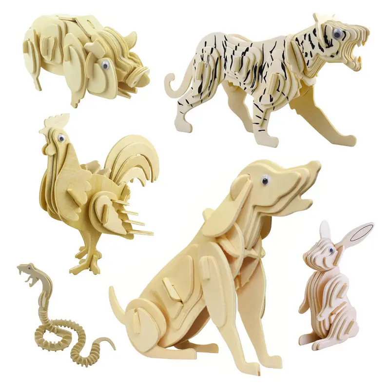 卸売木製パズルおもちゃ中国干支動物教育工芸品DIY3D木製パズル