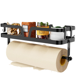 JIABEIHAO Étagère de rangement murale 3-en-1 pour cuisine avec <span class=keywords><strong>porte</strong></span>-serviettes et crochets, acier au carbone, noir mat - Product Image 1