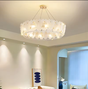 Zeal Lighting Modern <b>White</b> Glass Petal Crystal Chandelier LED Round Ceiling Light 2700K <b>Living</b> <b>Room</b> - Product Image 1