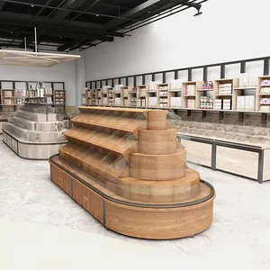 Estante de exhibición en forma de escalera, estante de exhibición de madera y metal para caramelos y nueces, equipo de supermercado