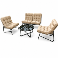 Ensemble de canapés capitonnés beige kaki 4 pièces avec 2 fauteuils et table basse ronde, mobilier de patio pour pelouse et jardin