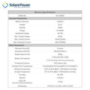 Solara Power 10KWH LiFePO4 Lithium-Ion <b>Battery</b> <b>48V</b> Solar Home Power Storage BMS Stackable CAN Split Brick 10-Year warranty - Product Image 6