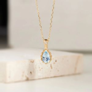 Collier de luxe Xinfly en or 18 carats avec pendentif goutte d'eau en diamant et aigue-marine, style japonais naturel et simple, pour soirée, chaîne de clavicule - Product Image 1