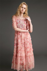 Vestido Maxi de Verano <span class=keywords><strong>2022</strong></span> para Mujer, Elegante, Rosa, con Volantes, Estampado Floral, Malla - Product Image 4