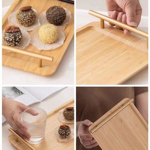 Bandeja de servir de bambú con asas, rectangular, con diseño de madera, para uso en el hogar, la oficina o restaurantes. - Product Image 4
