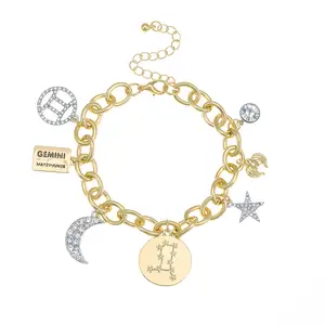 Personalizacion Colección Chapado en oro Gemini Zodíaco Pulsera Luna Estrella Piedra Encantos Pulsera de cadena de eslabones para mujeres niñas