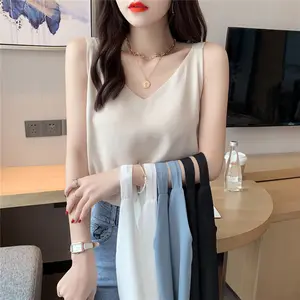 Summer Chiffon Women Tops Camis Sexy Halter Woman Sleeveless Solid Tank Tops Female V-neck Camisole Basic White Vest Tops