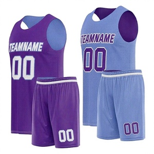 QUESID PRO สีม่วง สีฟ้า ชุดบาสเก็ตบอลแบบกลับด้านได้ เสื้อเจอร์ซีย์ กางเกงขาสั้น สำหรับผู้ใหญ่ ทั้งชายและหญิง ชื่อและโลโก้แบบกำหนดเอง โพลีเอสเตอร์ 100% - Product Image 1