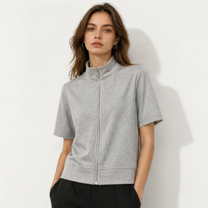 Women's Gray Short Sleeve <b>Zip</b>-<b>Up</b> Stand Collar Sweatshirt Knitted Cotton Blend Solid Color Breathable Spring Casual Top - Product Image 1