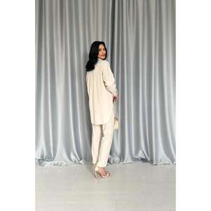 Elegante conjunto de camisa beige para mujer y pantalones con botones a presión, 100% algodón Oxford, traje antiarrugas. - Product Image 1