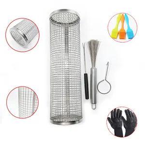 2023 New BBQ Cage Rolling Grilling Basket Greatest Bbq Basket Stainless Steel Wire Mesh Cylinder Grill Basket Sieve Tube