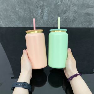 Vaso de acero inoxidable de 16 oz para macarons y refrescos con tapa de color y pajita, taza de café chapada en oro para grabado láser, desde almacén de EE. UU. - Product Image 4