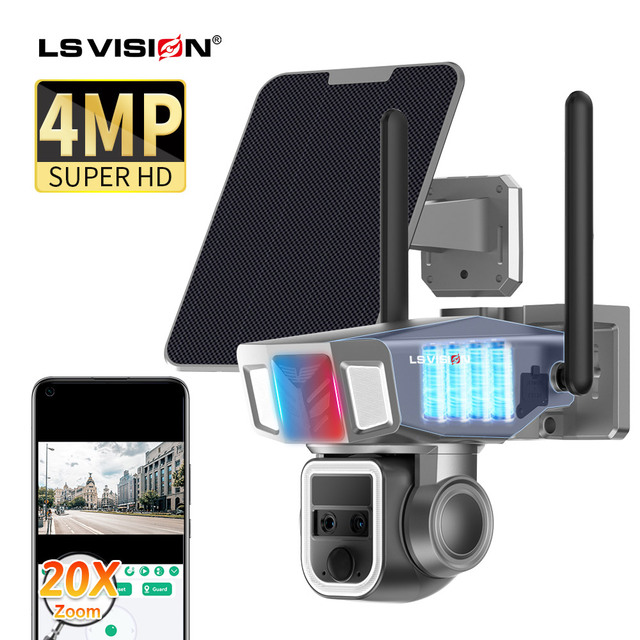 LS VISION 20X Zoom Battery Solar Panel CCTV Outdoor 4G Camera Waterproof PIR Wireless WiFi Security Bullet and PTZ Smart Linkage