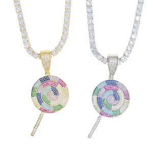 Charmant vert violet rose arc-en-ciel CZ <span class=keywords><strong>sucette</strong></span> pendentif Tennis chaîne <span class=keywords><strong>collier</strong></span> 16 "18" glacé gros sucre femmes bijoux - Product Image 6