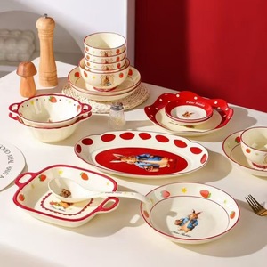 Ensemble de bol en céramique mignon fraise lapin grande assiette de poisson Double oreille bol de nouilles instantanées Internet célébrité vaisselle domestique - Product Image 3