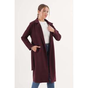 Abrigo de lana para mujer color borgoña, manga larga con cinturón, abrigo cálido para invierno - Product Image 4