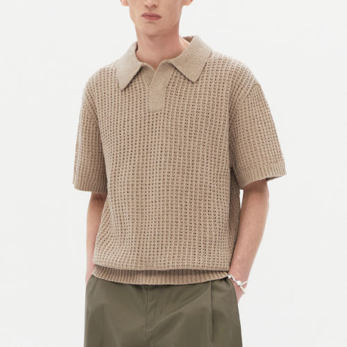 Custom Designer Cotton Solid Color Knit Short Sleeves Waffle Sweater Men  Knitted Polo Sweater Knitwear Shirts for Men