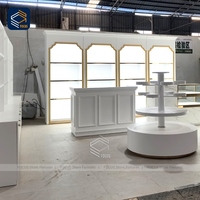 Support d'affichage rotatif à plusieurs niveaux en bois laqué blanc personnalisé, colonne centrale, présentoir de magasin de détail