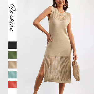 Robe en tricot pour femmes, col rond, sans manches, couleur unie, longueur mi-longue, fendue, respirante, pour le tourisme et les loisirs - Product Image 5