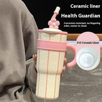 Taza de Viaje Floral de Gran Capacidad con Asa y Pajita, Taza de Café de Acero Inoxidable 304 con Revestimiento Cerámico, Logotipo Personalizado Disponible