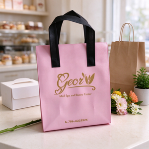 21x11x26cm Custom Logo Laminated Non Woven Tote <b>Bag</b> Waterproof <b>Reusable</b> Pink Takeaway <b>Bag</b> for Bakery <b>Food</b> Packaging - Product Image 1