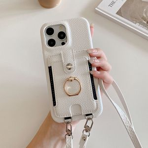 Funda de teléfono de cuero PU con estampado de Lychee con cordón de bolsillo de tarjeta de lujo para iPhone 16 15 14 Pro Max funda tipo billetera con soporte para anillo - Product Image 5