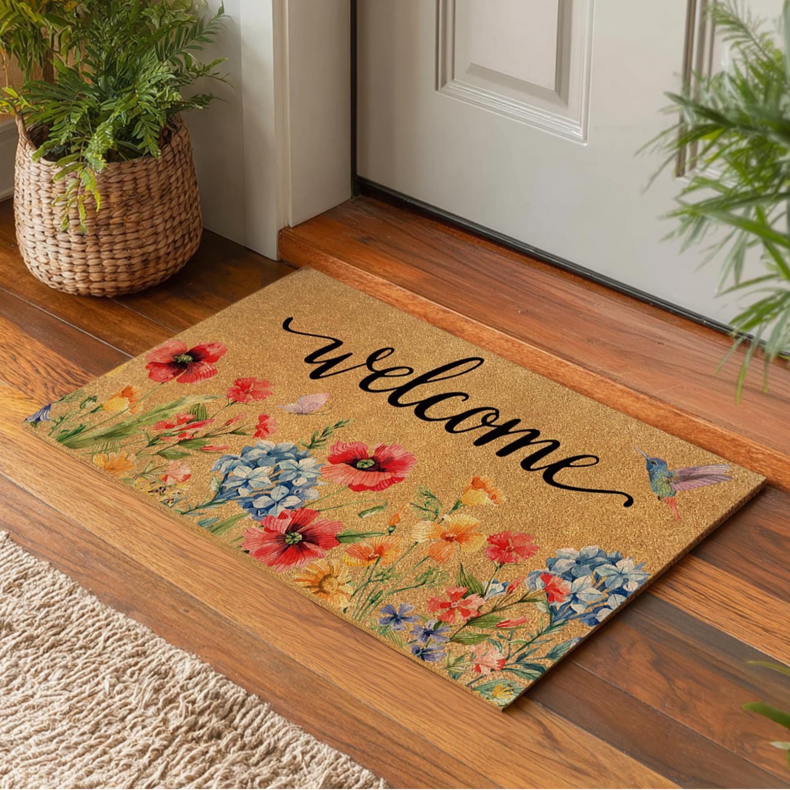 Fleurs colorées et colibris printaniers - Tapis de sol imitation fibre de coco