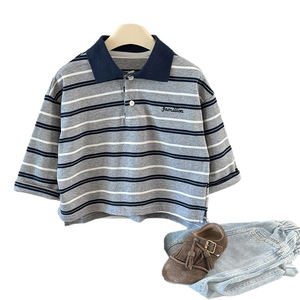 Nouveau style automne 2026 – T-shirt rayé à revers pour enfants, garçons et filles, avec blocs de couleur, polyvalent, motif lettre, manches longues - Product Image 3