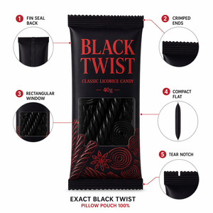Sacchetto per alimenti monodose piatto con finestra, sigillatura a punta, nero classico, per caramelle alla liquirizia, torsioni e ruote di liquirizia retrò - Product Image 5