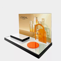 Support d'affichage cosmétique en acrylique noir et blanc avec panneau arrière pour diffusion en direct et magasin de beauté