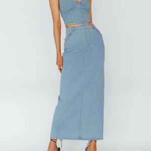 กระโปรงยีนส์ยาวสีน้ำเงินคุณภาพสูงแบบ OEM สไตล์วินเทจลำลองสำหรับผู้หญิง กระโปรงยาวผ่าหลังแบบฟอกสี - Product Image 1